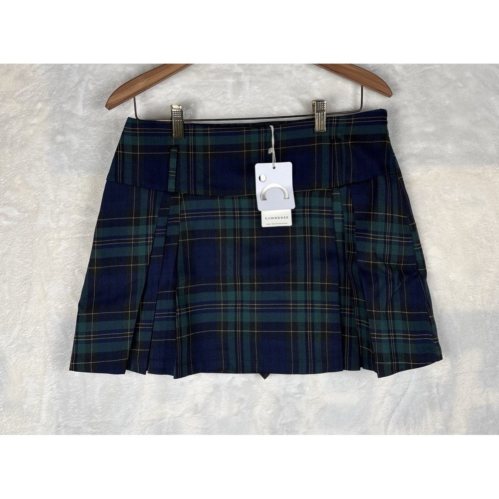 Commense Womens L Mini Skirt w Shorts Plaid Check Pleat Tennis School Girl Goth